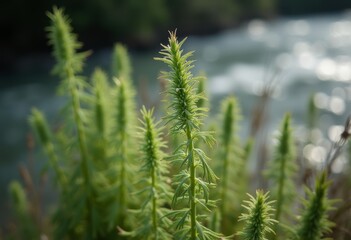 Close-up view of lush green plants growing near a riverbank under warm sunlight in a serene natural setting