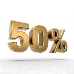 3D bold text showing '50%' in metallic gold, featuring a luxurious finish with subtle rim lighting and a floating shadow, isolated against a pure white solid background. A modern, high-quality promoti