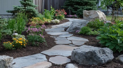 Obraz premium Beautiful stone path and flowerbeds in this garden