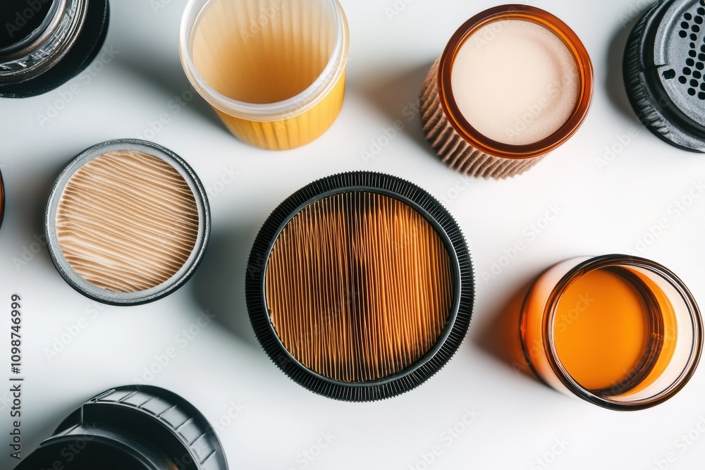 Poster display of various car filters such as oil, air, and fuel filters arranged on a light background for