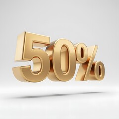 3D bold text showing '50%' in metallic gold, featuring a luxurious finish with subtle rim lighting and a floating shadow, isolated against a pure white solid background. A modern, high-quality promoti