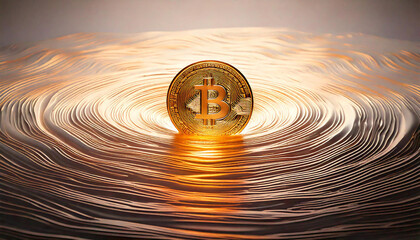 Bitcoin cryptocurrency coin sinking in golden abstract wavy landscape, creating ripples and suggesting financial instability or market fluctuation