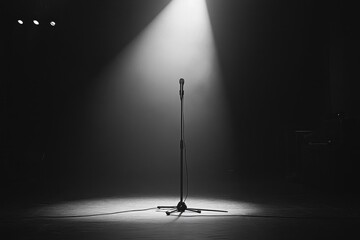 Spotlight shines on a microphone in a dimly lit performance space during an evening event
