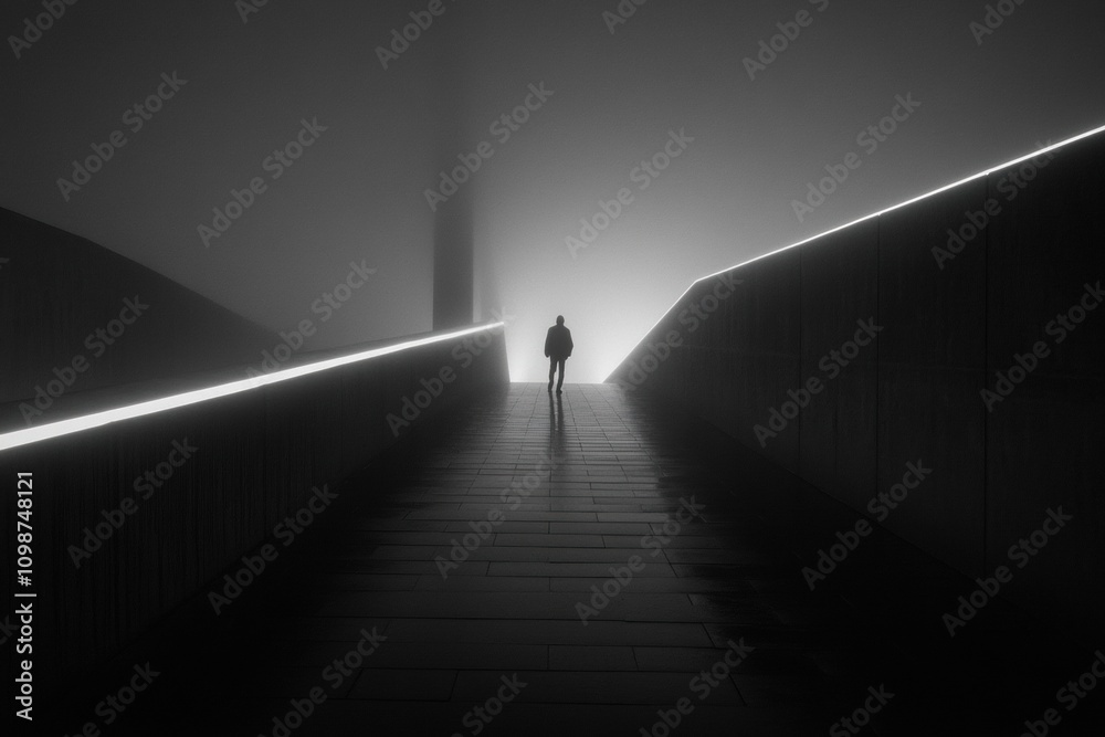 Fototapete a solitary figure walks along a long, empty bridge shrouded in fog, with soft light illuminating the