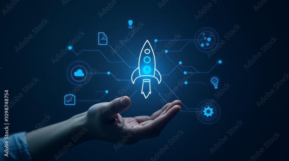 Poster Exploring Futuristic Interfaces: A Close-Up of a Hand Interacting with a Digital Rocket Icon Against a Dark Blue Background, Perfect for Technology and Innovation Projects