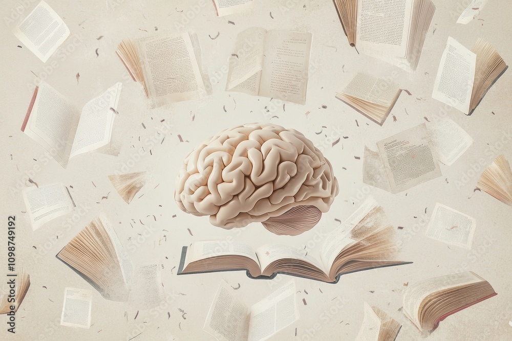 Fototapete A brain floats above open books with pages flying around, illustrating the connection between thought and the pursuit of knowledge. Generative AI
