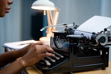 Young Black Woman Typing on a Vintage Typewriter. Retro Office Setting with Classic Equipment, Emphasizing the Art of Writing and Storytelling
