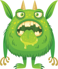 Fototapeta premium Funny cartoon green monster sticking out its tongue with saliva dripping, featuring horns, claws, and green fur, ideal for children s illustrations, halloween designs, or fantasy projects.