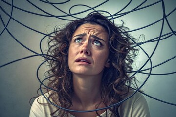 A woman overwhelmed by overthinking, her hair tangled in wires symbolizing mental chaos.	