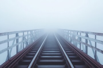 Railroad tracks disappear into thick fog on a cold morning creating a mysterious atmosphere