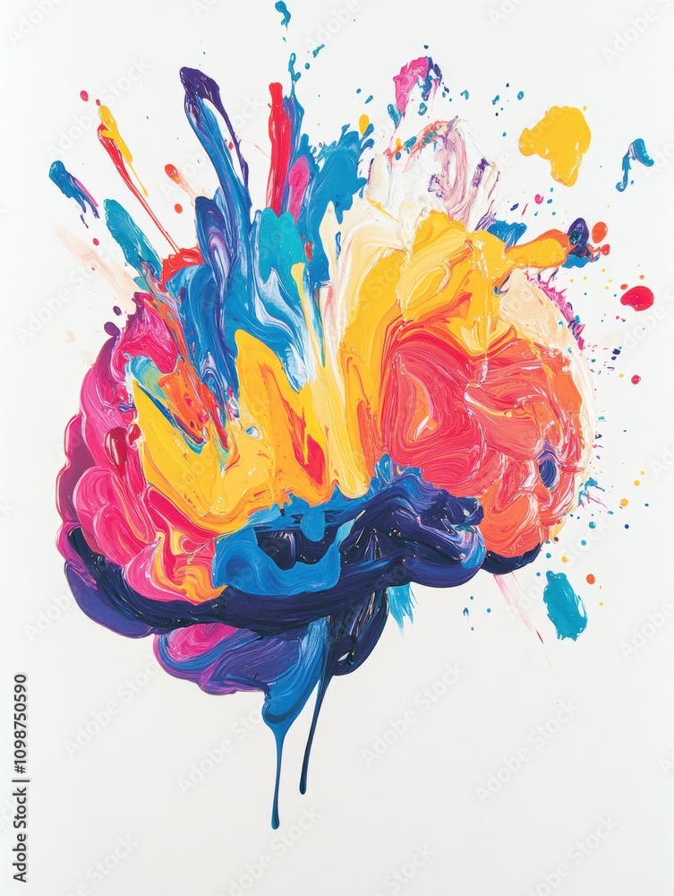 Poster a brain is artistically covered in vibrant paint strokes and splashes, showcasing creativity and exp