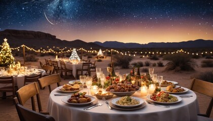 Fototapeta premium Festive Christmas dinner in the desert under a starry night sky.