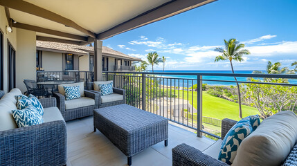 Fototapeta premium A coastal balcony with wicker seating, vibrant cushions, and lush greenery, overlooking a sunny lawn and ocean view.