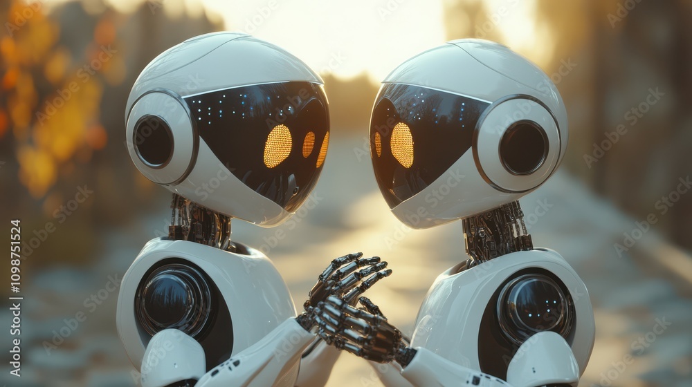 Poster imaginative ai robots playing with one another. stock photo.
