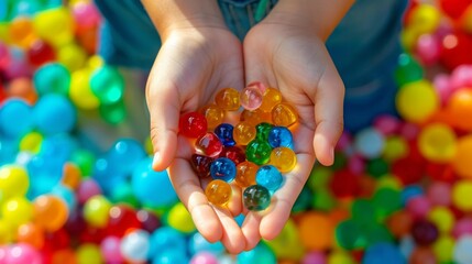 Hands holding translucent colorful water beads with vibrant multicolored background. Macro shot. Sensory play and educational activity concept for design and print. Generative AI