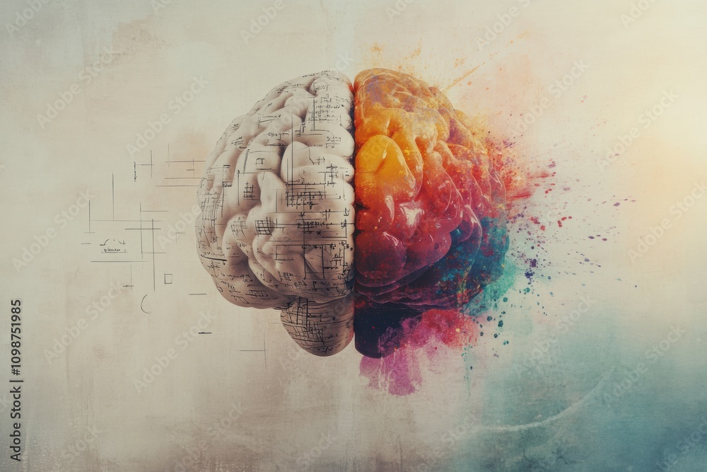 Poster A striking depiction features a brain split into two halves, illustrating the balance between creativity and logic highlighted by vivid colors. Generative AI