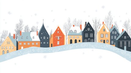 Fototapeta premium Decorative winter city background with a Christmas tree, snowman, and houses. Cozy town with merry Christmas lettering.