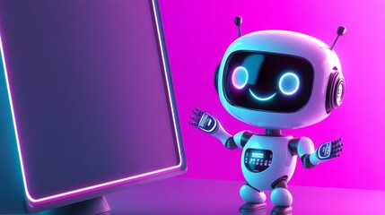Cute white robot showing blank screen with neon lights on gradient background