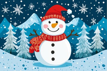 Fototapeta premium Snowman set against the background of forest and mountains in snowy weather. Beautiful winter landscape. Christmas design.