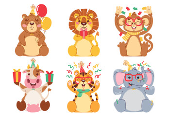 Happy birthday party playful funny animals cartoon characters set isolated on white background