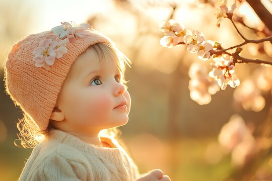 Adorable baby girl looking at cherry blossoms