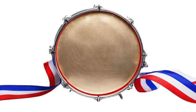 Parade Drum with Tricolor Ribbon Representing Bastille Day Celebration on Transparent Background PNG Parade Drum and Tricolor Ribbon Symbolizing Bastille Day