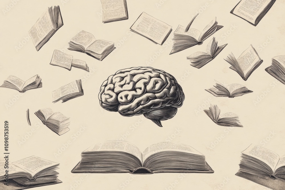 Fototapete a brain is at the center, encircled by open books and flying pages, symbolizing the pursuit of knowl