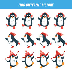 Obraz premium Find different picture each row. Logical game with penguins for kids. Cartoon character. Educational game. Activity page with funny penguin. 