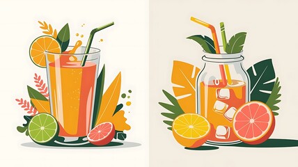 Bright citrus juice and fresh fruits illustration with vibrant colors

