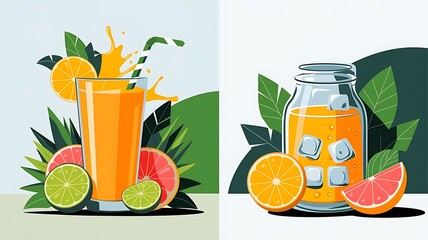 Bright citrus juice and fresh fruits illustration with vibrant colors

