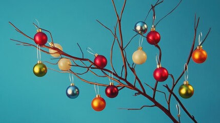 Christmas tree branch with multi colored baubles. Stop motion