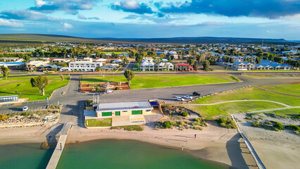 Aerial view of Kalbarri Coast and town in Western Australia during spring season