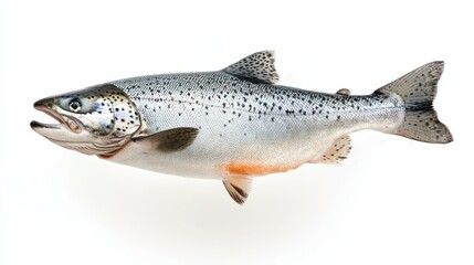 Obraz premium Falling raw salmon, fish isolated on white background, full depth of field