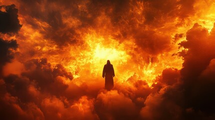 Obraz premium Judgment Day. Angry God stands against the backdrop of blazing fiery sky. Religious apocalypse