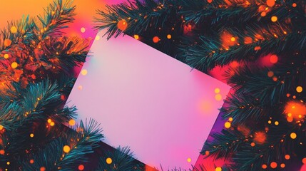 Minimalist festive background featuring a pink card surrounded by green pine branches and warm glowing lights