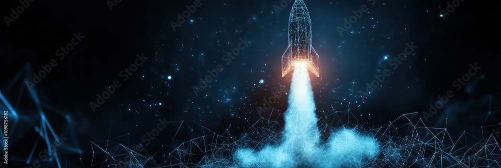 Poster This visual depicts a rocket launching amidst a network of abstract lines, representing technological innovation and space exploration. Generative AI