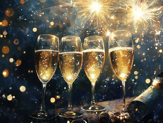 Festive illustration of four glasses in front of fireworks exploding in the sky. New Years Eve. Happy celebrating concept. Golden and shiny.