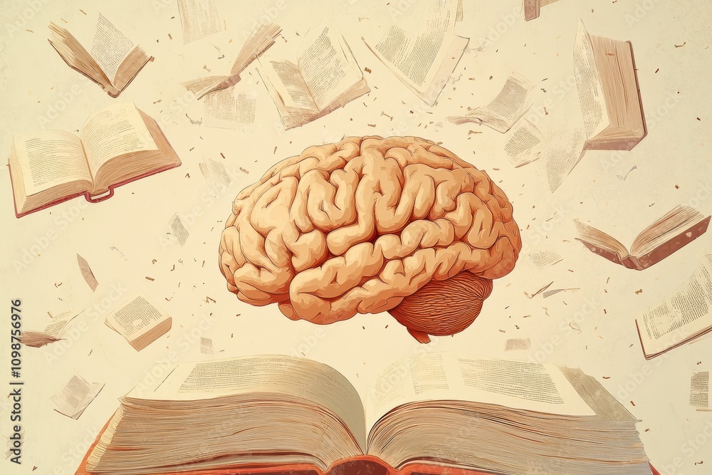 Fototapete a brain is surrounded by open books with flying pages, illustrating the dynamic relationship between