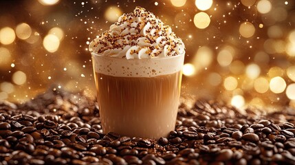 Naklejka premium Caramel coffee with cream and a straw, surrounded by a golden background of starry lights and falling coffee beans. Commercial food photography for an advertising campaign
