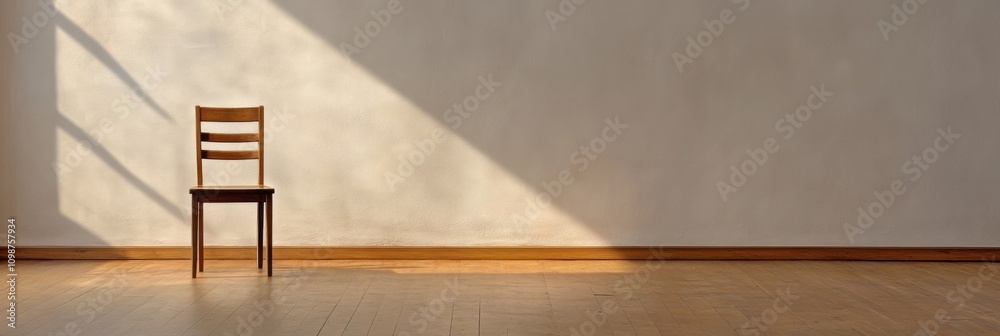 Poster sunlight streams through a window, casting shadows on the wooden floor, highlighting a solitary chai