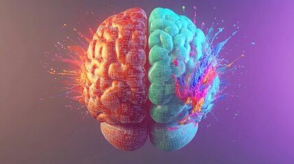 A colorful representation of a brain split into two halves, one showcasing vibrant creativity and the other emphasizing logical thought processes. Generative AI