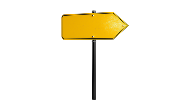 Yellow directional arrow sign on transparent background
