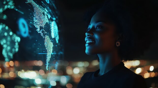 Global tech with black woman at night for information technology, research, or digital jobs. IoT, smile and future 3D world hologram in dark, person networking with cloud computing dashboard.