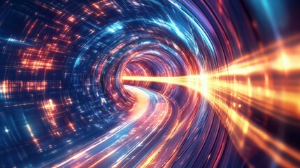Obraz premium In this dynamic abstract tunnel background, algorithms are used to showcase transformation, weaving with reality and network systems to display complex patterns and bright hues.