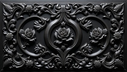 intricate black ornamental floral pattern with embossed roses and decorative curves, perfect for luxury designs, gothic themes, or elegant vintage backgrounds.