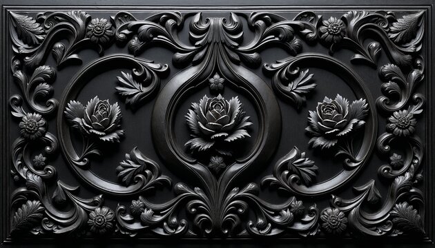 intricate black ornamental floral pattern with embossed roses and decorative curves, perfect for luxury designs, gothic themes, or elegant vintage backgrounds.