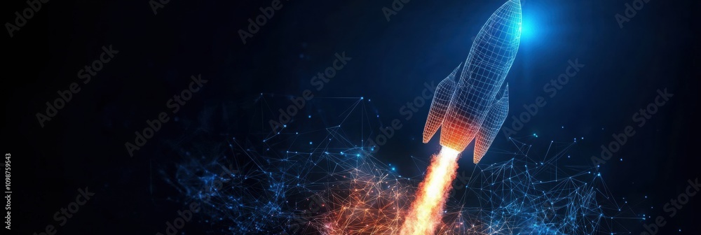 Poster a wireframe rocket ascends against a dark backdrop, symbolizing innovation in space exploration and 