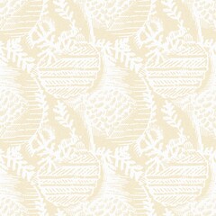 Modern white on cream lace effect wedding background texture. Soft tonal linen openwork block print with subtle hand drawn lattice damask printed fabric backdrop. 