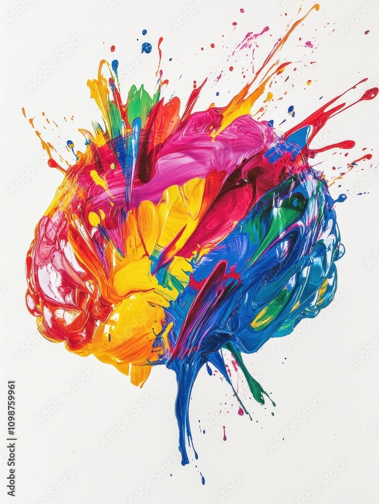 Aufkleber a vibrant brain is covered in a variety of colorful paint splashes and strokes, displaying creativit