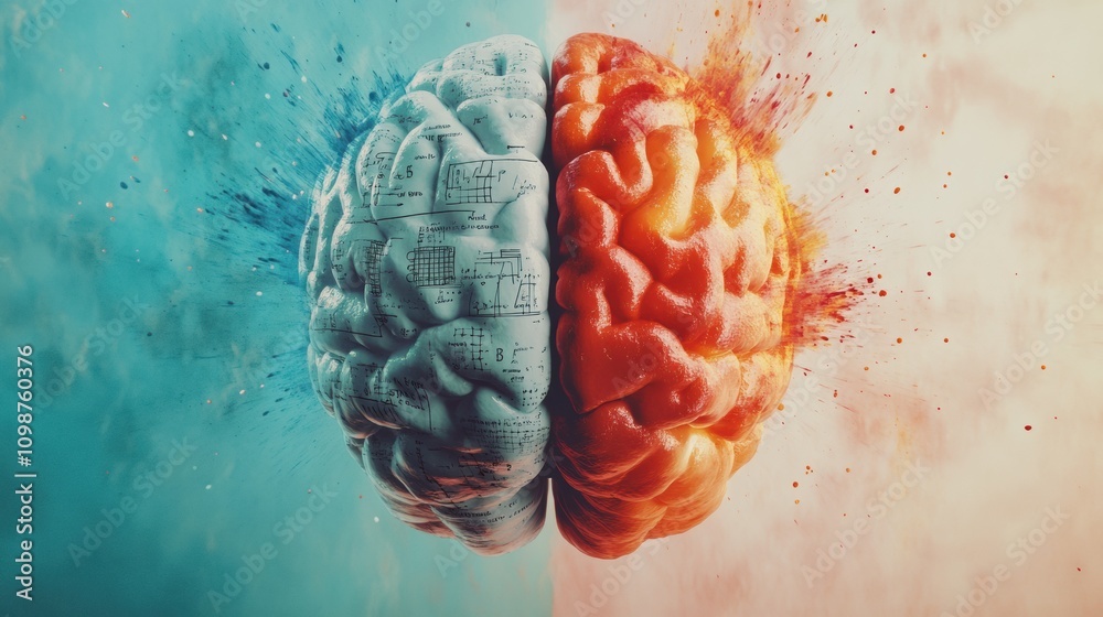 Poster Two brain halves display different colors and textures, symbolizing the contrast between logic and emotion in cognition. Generative AI